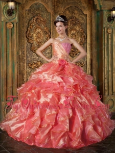 Coral Red Ball Gown Strapless Floor-length Beading and Ruffles Vestidos de Quinceanera