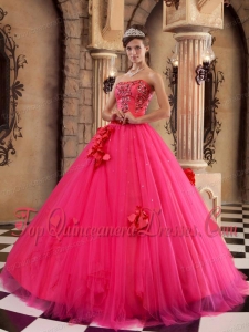 Coral Red Ball Gown Strapless Floor-length Satin and Tulle Beading Vestidos de Quinceanera