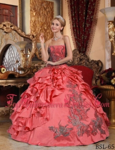 Coral Red Ball Gown Strapless Floor-length Taffeta Appliques Cheap Quinceanera Dress