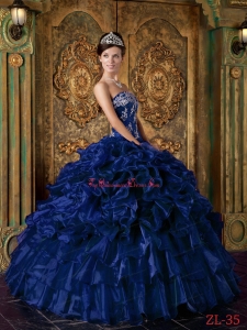 Dark Blue Ball Gown Strapless Floor-length Organza Ruffles Vestidos de Quinceanera