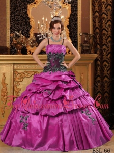 Fuchsia Ball Gown Straps Floor-length Taffeta Appliques Cheap Quinceanera Dress