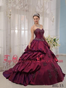 Fuchsia Ball Gown Sweetheart Court Train Taffeta Appliques Vestidos de Quinceanera