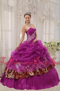 Fuchsia Ball Gown Sweetheart Floor-length Organza and Zebra or Leopard Appliques Unique Quinceanera Dress
