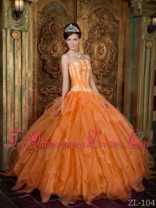 Gorgeous Ball Gown Strapless Floor-length Appliques Organza Orange Cheap Quinceanera Dress
