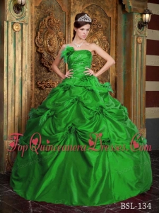Green Ball Gown Strapless Floor-length Taffeta Hand Made Flowers Vestidos de Quinceanera