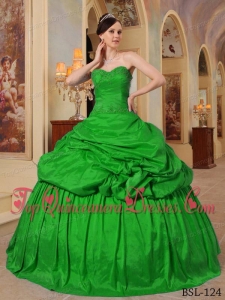 Green Ball Gown Sweetheart Floor-length Taffeta Beading Cheap Quinceanera Dress
