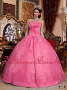 Hot Pink Ball Gown Strapless Floor-length Organza Appliques Cheap Quinceanera Dress