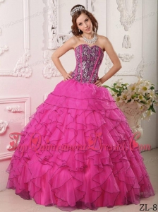 Hot Pink Ball Gown Sweetheart Floor-length Organza Beading Cheap Quinceanera Dress