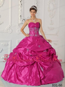 Hot Pink Ball Gown Sweetheart Floor-length Taffeta Appliques Vestidos de Quinceanera