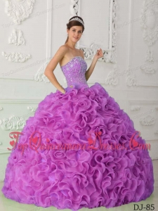 Lilac Ball Gown Strapless Floor-length Organza Beading Vestidos de Quinceanera