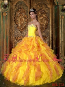 Orange A-Line / Princess Sweetheart Floor-length Ruffles Organza Cheap Quinceanera Dress