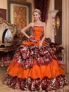 Orange Red Ball Gown Strapless Floor-length Taffeta and Leopard Pick-ups Vestidos de Quinceanera