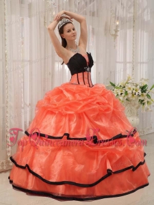 Orange and Black Ball Gown Strapless Floor-length Satin and Organza Beading Unique Quinceanera Dress