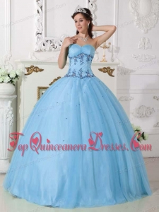 Pufffy Light Blue Ball Gown Sweetheart Floor-length Tulle and Taffeta Beading Sweet 16 Gowns