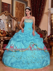 Puffy Aqua Blue Ball Gown Strapless Floor-length Organza Appliques Sweet 16 Gowns