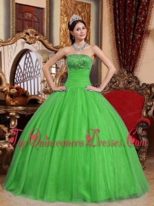 Puffy Green Ball Gown Strapless Floor-length Tulle Embroidery with Beading Sweet 16 Gowns