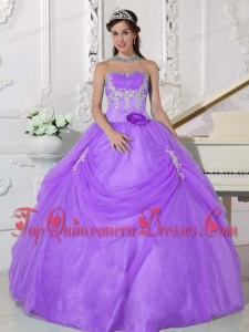 Puffy Lilac Ball Gown Strapless Floor-length Taffeta and Organza Appliques and Hand Made Flower Sweet 16 Gowns