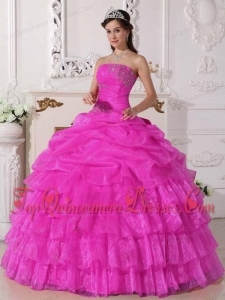 Puffy Pink Ball Gown Strapless Floor-length Organza Appliques Sweet 16 Gowns