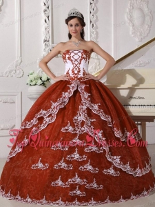 Puffy Rust Red and White Ball Gown Strapless Floor-length Organza Appliques Sweet 16 Gowns