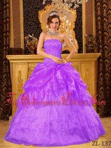 Purple Ball Gown Strapless Floor-length Organza Appliques Cheap Quinceanera Dress