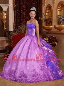 Purple Ball Gown Strapless Floor-length Organza Embroidery Puffy Sweet 16 Gowns