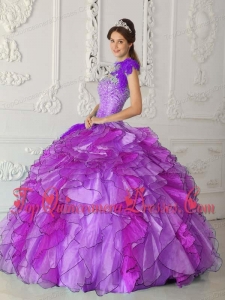 Purple Ball Gown Strapless Floor-length Satin and Organza Beading Puffy Sweet 16 Gowns