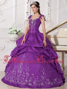 Purple Ball Gown Straps Floor-length Taffeta Embroidery Puffy Sweet 16 Gowns