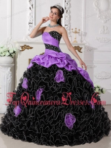 Purple and Black Sweetheart Floor-length Beading and Rolling Flowers Unique Quinceanera Dress