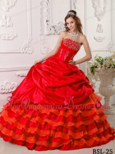 Red Ball Gown Strapless Floor-length Taffeta Beading Cheap Quinceanera Dress