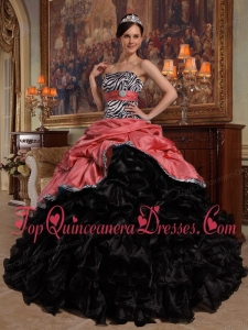 Red and Black Ball Gown Sweetheart Floor-length Pick-ups Taffeta and Organza Unique Quinceanera Dress