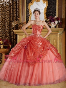 Rust Red Ball Gown Sweetheart Floor-length Sequined and Tulle Handle Flowers Vestidos de Quinceanera