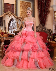 Watermelon Ball Gown Sweetheart Floor-length Organza Beading Vestidos de Quinceanera