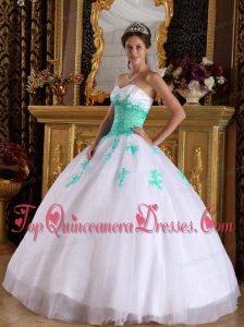 White and Green Ball Gown Sweetheart Floor-length Appliques Organza Cheap Quinceanera Dress