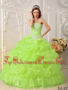 Yellow Green Ball Gown Strapless Floor-length Organza Beading Cheap Quinceanera Dress