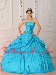 Aqua Blue Ball Gown Strapless Floor-length Taffeta Appliques Vestidos de Quinceanera