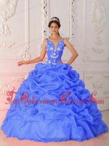 Blue Ball Gown Straps Floor-length Satin and Organza Appliques Vestidos de Quinceanera