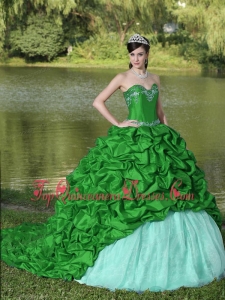 Puffy Appliques and Pick-ups Green Brush Train Exquisite Style For 2013 Sweet 16 Gowns