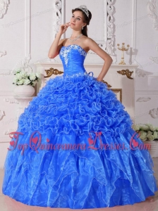 Puffy Baby Blue Ball Gown Strapless Floor-length Organza Embroidery with Beading Sweet 16 Gowns