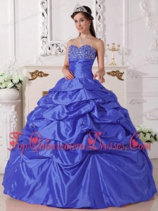 Puffy Blue Ball Gown Sweetheart Floor-length Taffeta Beading Sweet 16 Gowns