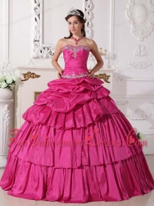 Puffy Hot Pink Ball Gown Sweetheart Floor-length Taffeta Beading and Ruch Detachable Sweet 16 Gowns