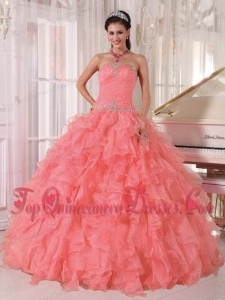 Ball Gown Strapless Floor-length Organza Beading Beautiful Quinceanera Dresses with Watermelon Red