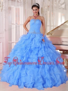Ball Gown Strapless Ruffles and Beading Floor-length Organza Beading Blue Cheap Quinceanera Dresses