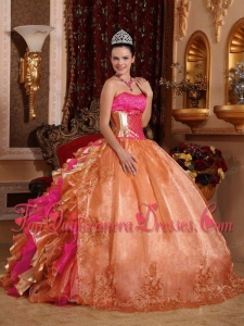 Discount Ball Gown Strapless Ruffles Organza Quinceanera Dress with Embroidery
