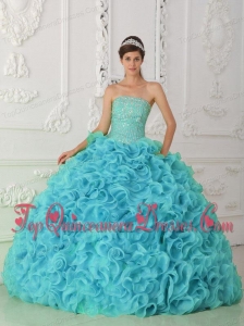 Strapless Organza Beading Ball Gown Beautiful Quinceanera Dresses in Blue