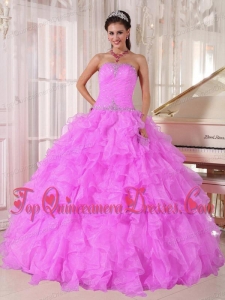 Sweet Ball Gown Strapless Ruffles Organza Beading Pink 2014 Quinceanera Dresses