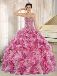 Pink Beaded Bodice and Ruffles Custom Made For Couture Quinceanera Dresses