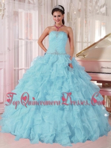 2014 Low Price Puffy Light Blue Modern Quinceanera Dresses with Beading and Ruffles