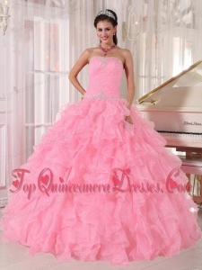 Baby Pink Ball Gown Strapless Floor-length Organza Beading Modest Quinceanera Dresses