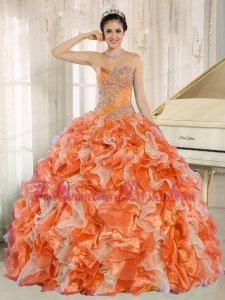 Beaded and Ruffles Custom Made For 2013 Orange Sweetheart Modest Quinceanera Dresses