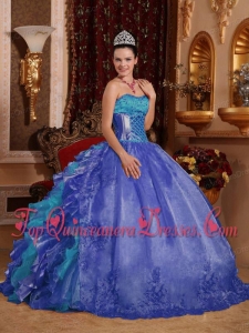 Cheap Ball Gown Blue Modest Quinceanera Dresses with Strapless Floor-length Organza Embroidery